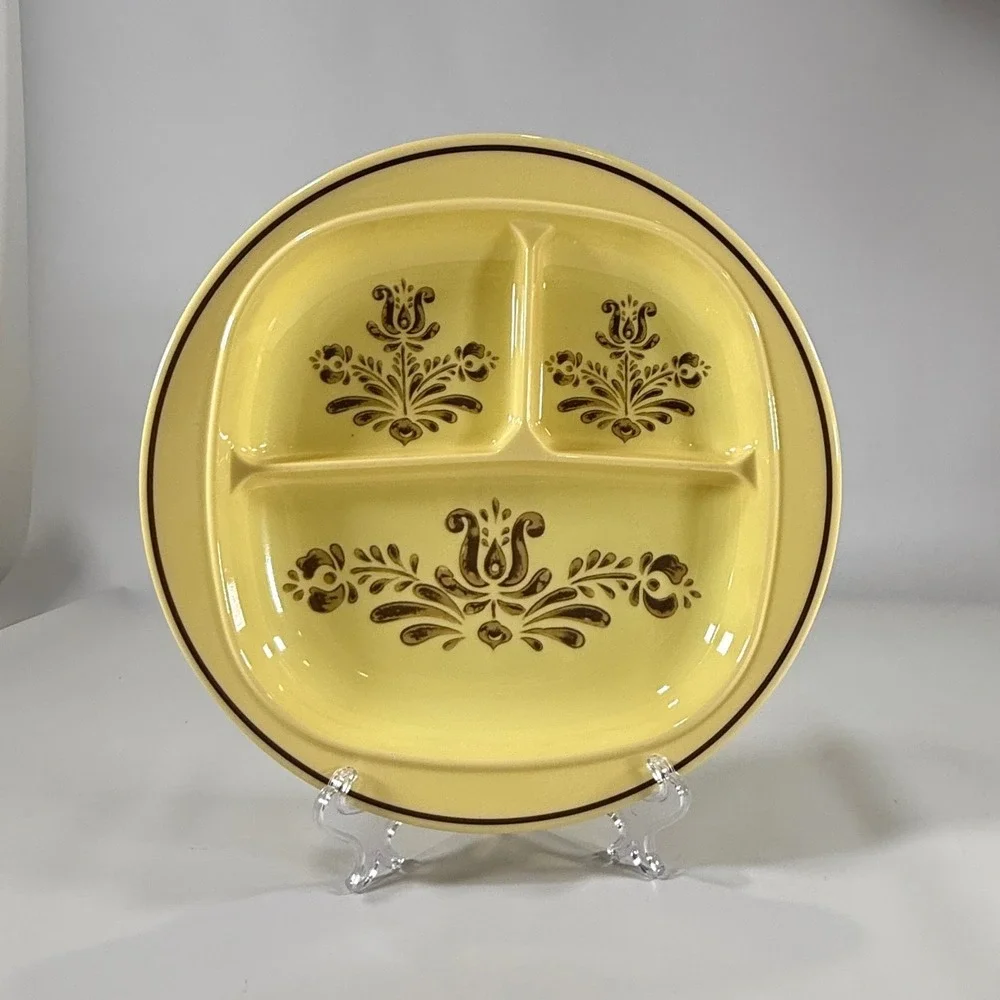 VTG Pfaltzgraff Village Melamine Divided Plate Yellow Brown Floral Retro Kitchen